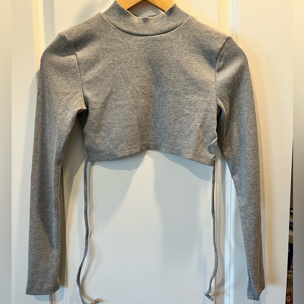 PrettyLittleThing Gray Ribbed Long Sleeve Crop Top